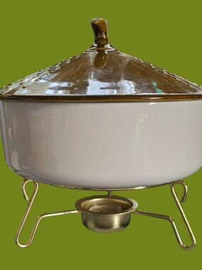 Vintage California Pottery Casserole Dish on Warming Stand